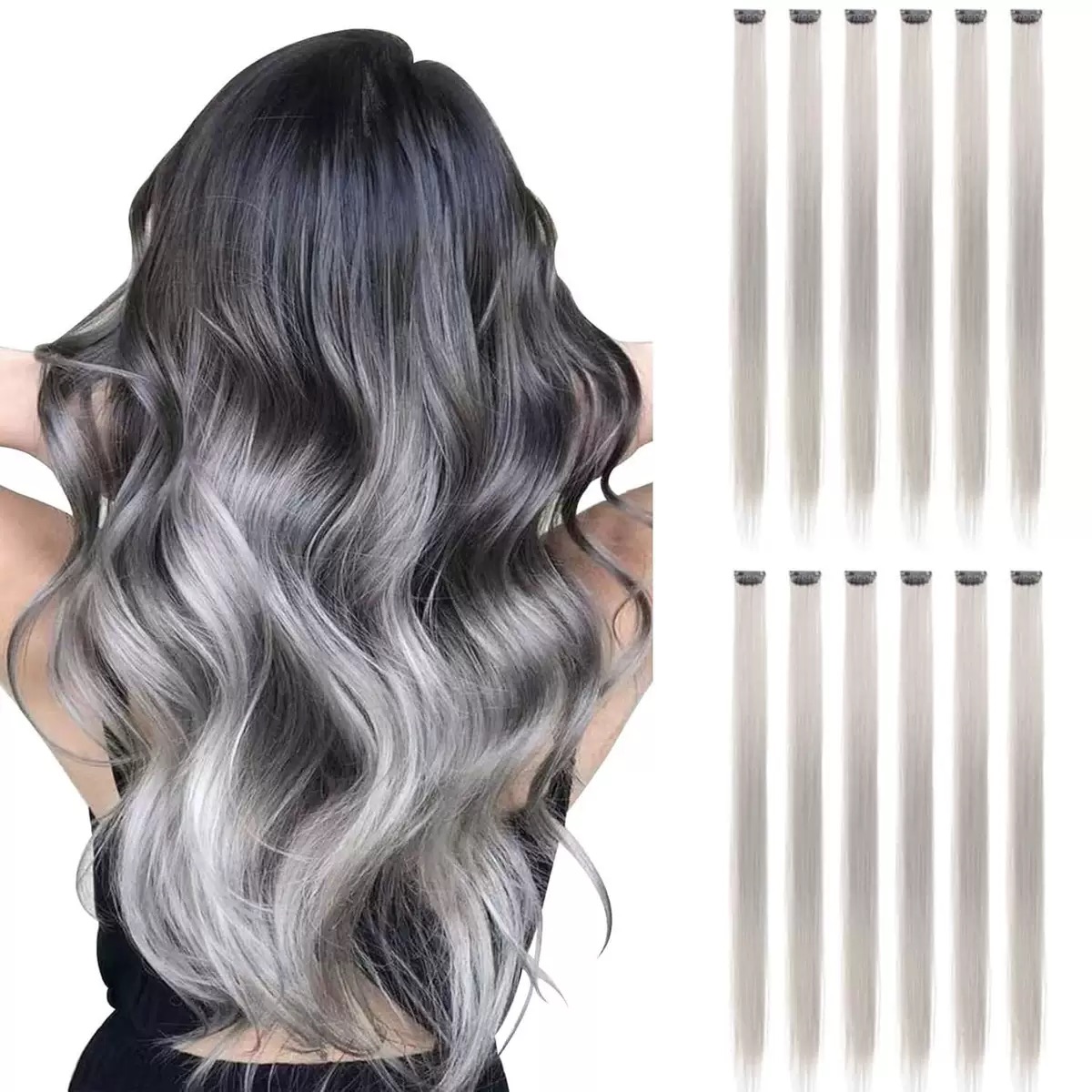12  Colored Hair Extensions 20Inch Straight Color Clip in on Hair Extension Rainbow Party Highlights Synthetic Hairpiece for Girls (37colors) color 1 long [分类版本1]