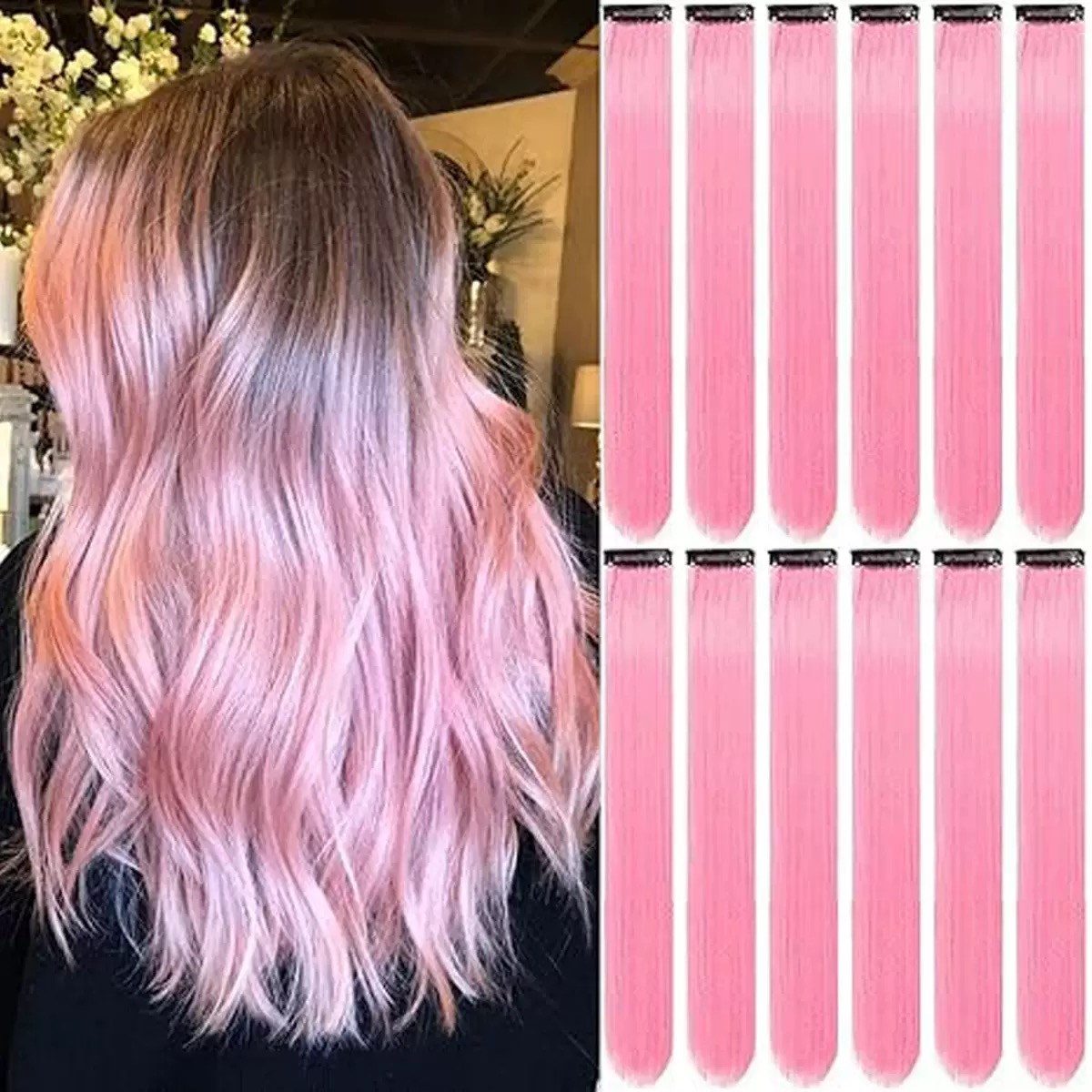 12  Colored Hair Extensions 20Inch Straight Color Clip in on Hair Extension Rainbow Party Highlights Synthetic Hairpiece for Girls (37colors) color 1 long [分类版本1]