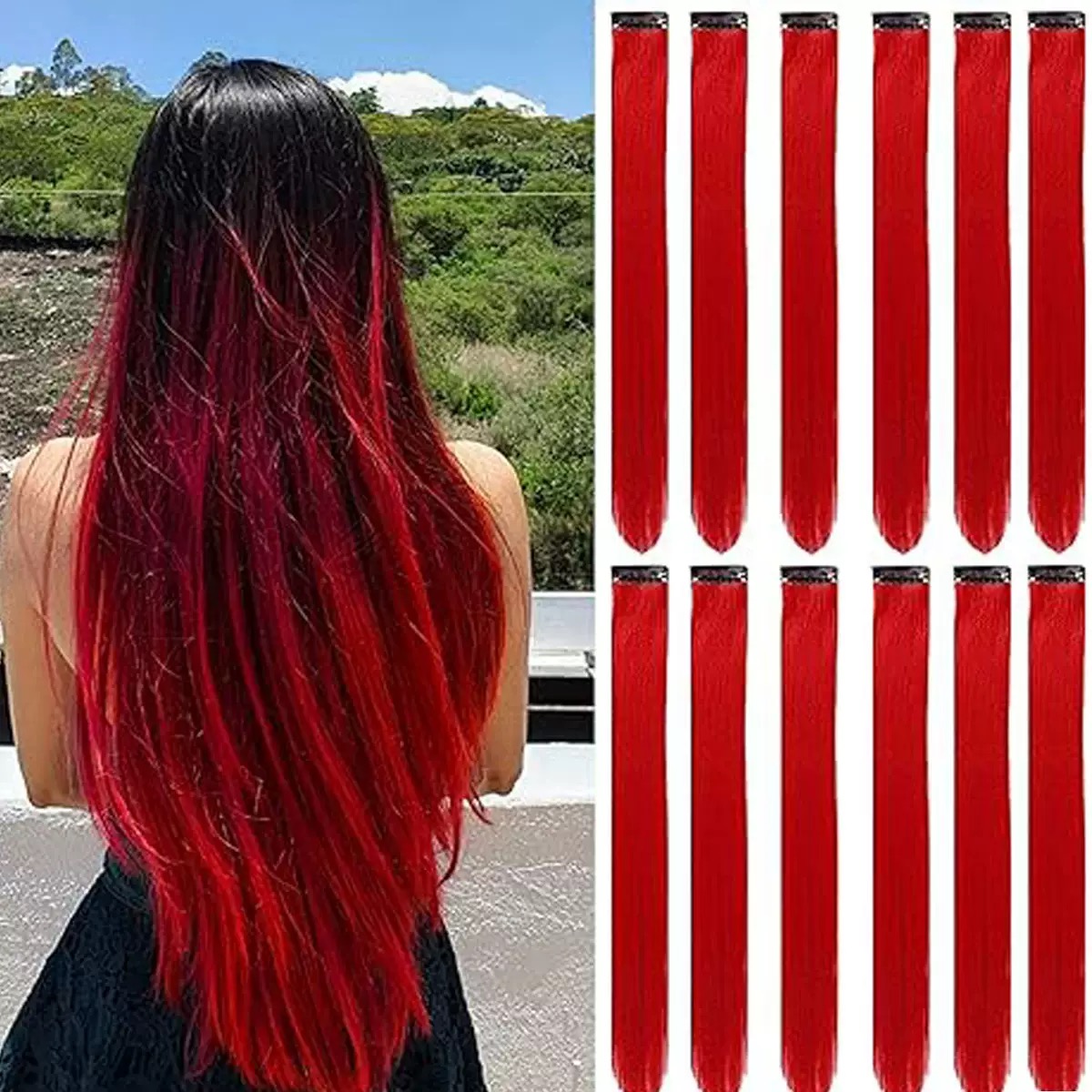 12  Colored Hair Extensions 20Inch Straight Color Clip in on Hair Extension Rainbow Party Highlights Synthetic Hairpiece for Girls (37colors) color 1 long [分类版本1]