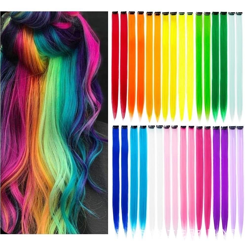 12  Colored Hair Extensions 20Inch Straight Color Clip in on Hair Extension Rainbow Party Highlights Synthetic Hairpiece for Girls (37colors) color 1 long [分类版本1]
