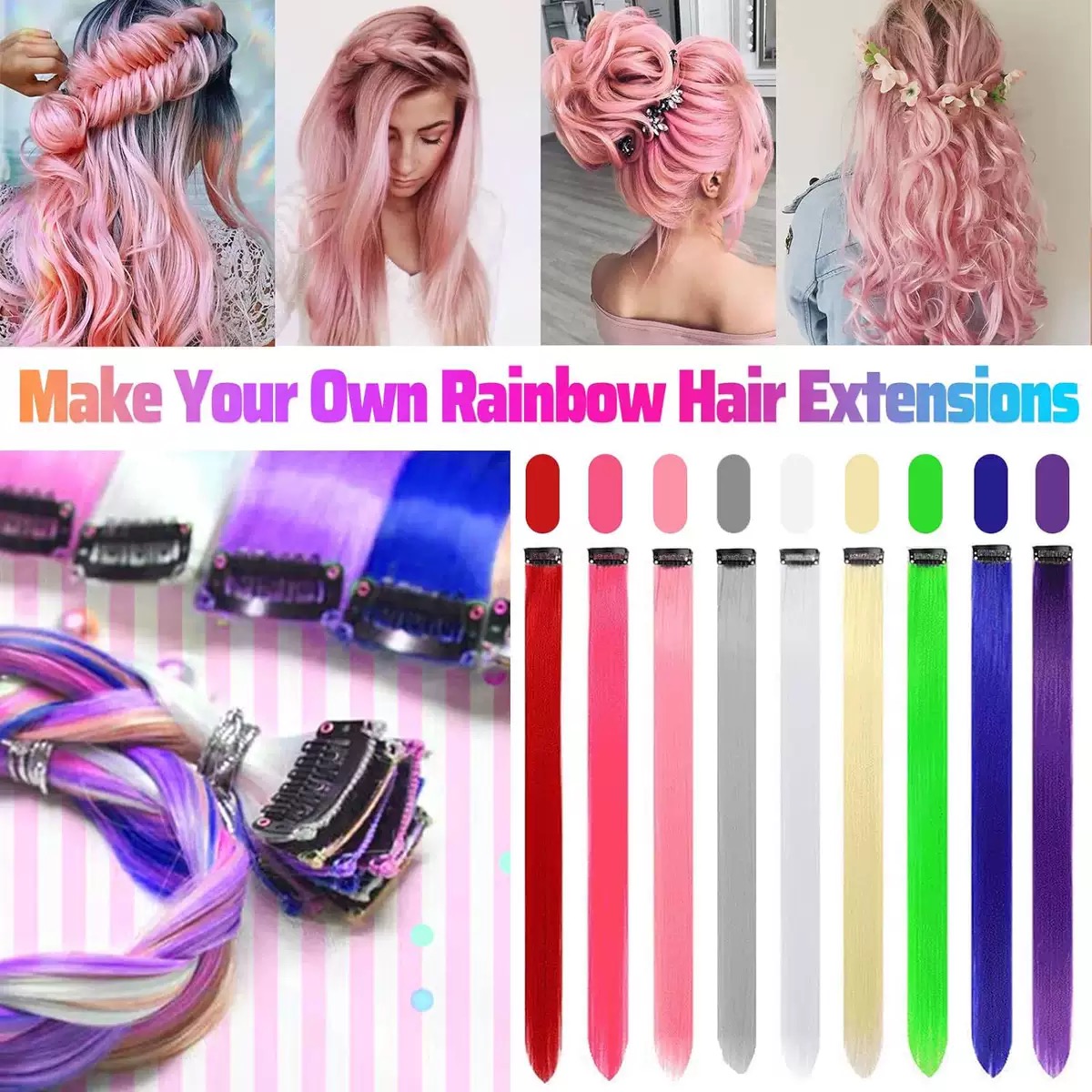 12  Colored Hair Extensions 20Inch Straight Color Clip in on Hair Extension Rainbow Party Highlights Synthetic Hairpiece for Girls (37colors) color 1 long [分类版本1]