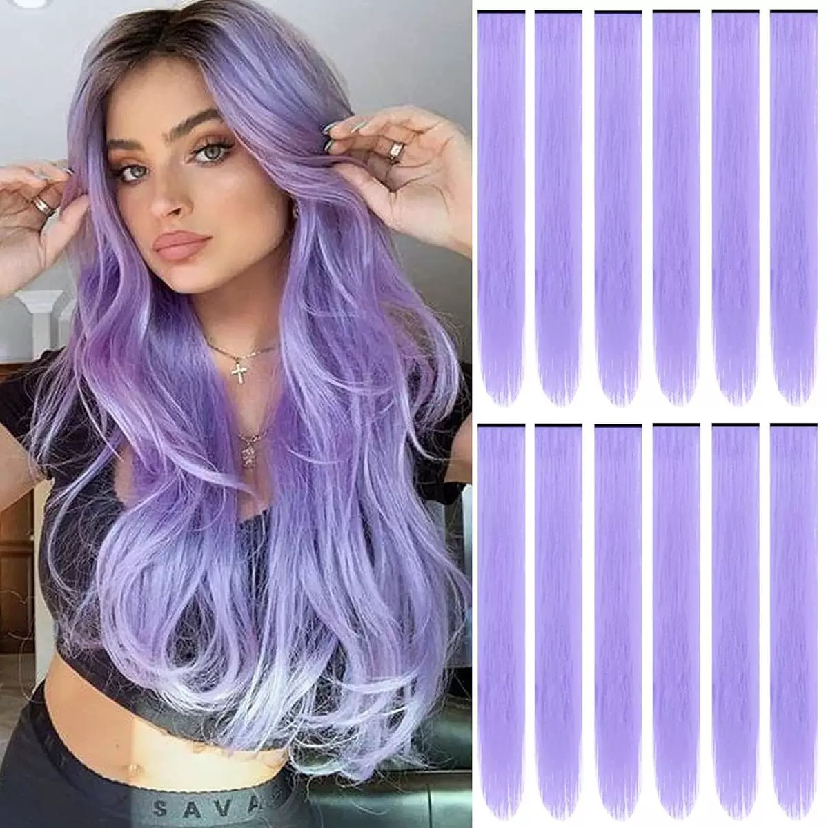 12  Colored Hair Extensions 20Inch Straight Color Clip in on Hair Extension Rainbow Party Highlights Synthetic Hairpiece for Girls (37colors) color 1 long [分类版本1]
