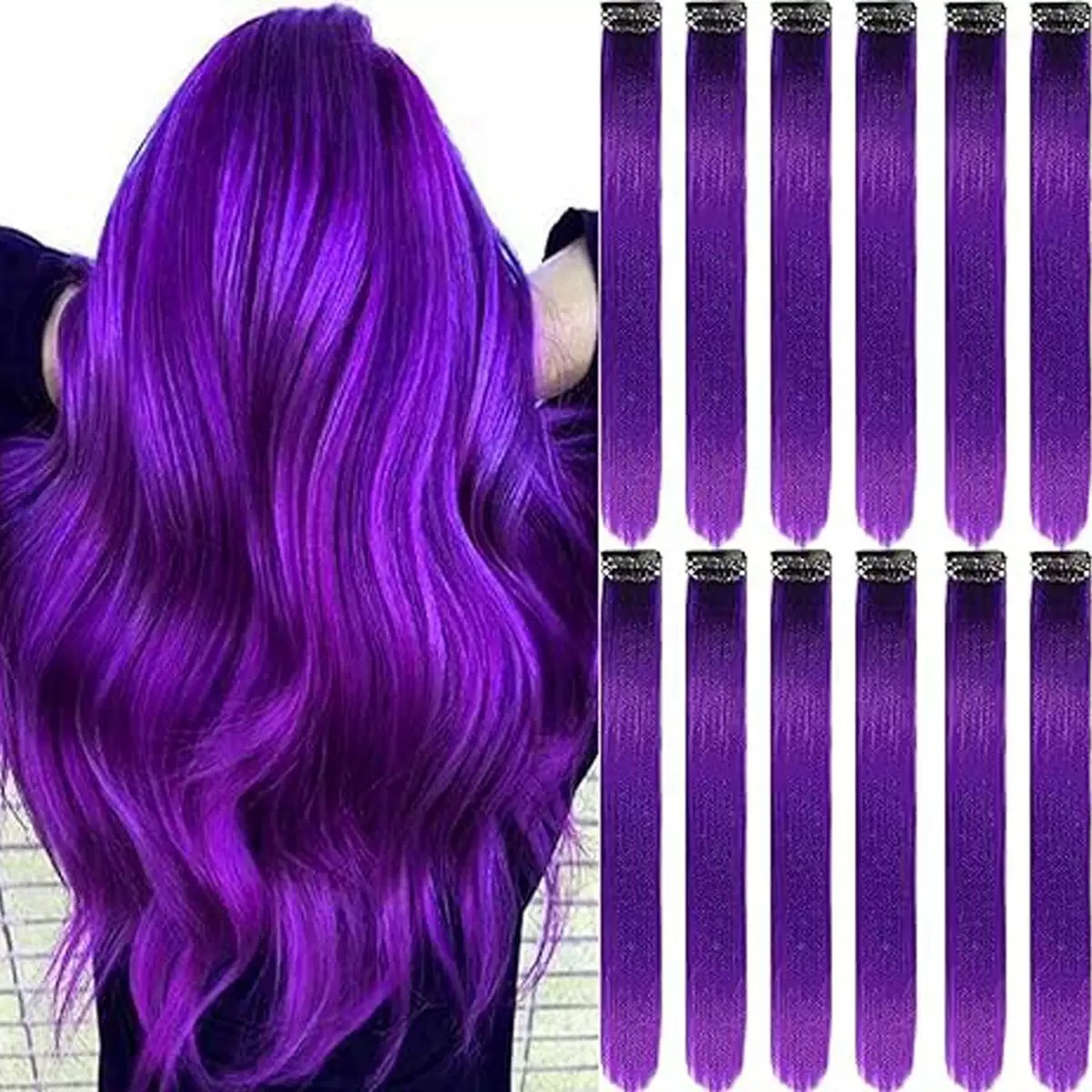 12  Colored Hair Extensions 20Inch Straight Color Clip in on Hair Extension Rainbow Party Highlights Synthetic Hairpiece for Girls (37colors) color 1 long [分类版本1]
