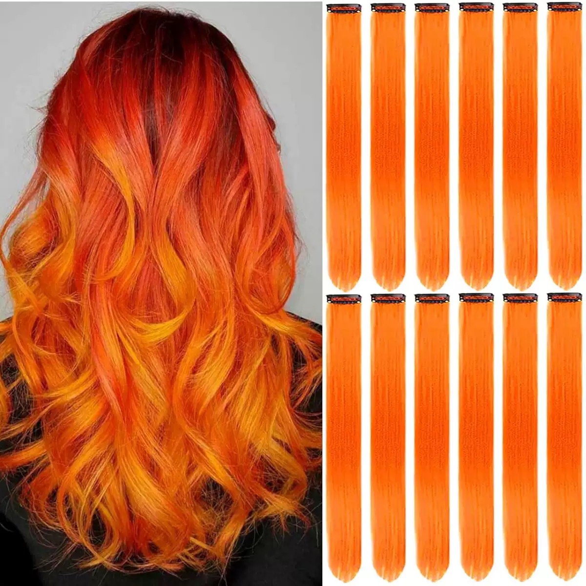 12  Colored Hair Extensions 20Inch Straight Color Clip in on Hair Extension Rainbow Party Highlights Synthetic Hairpiece for Girls (37colors) color 1 long [分类版本1]