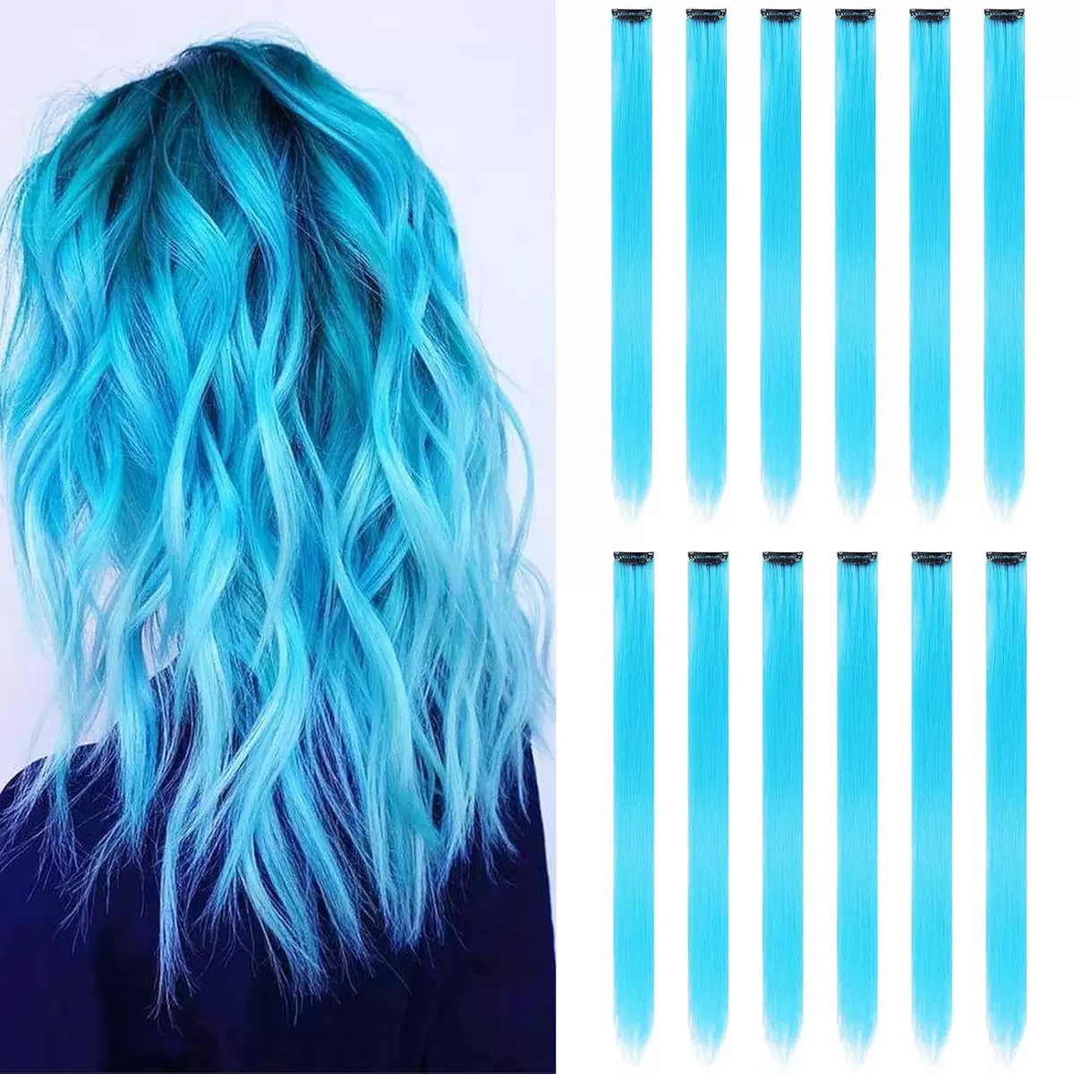 12  Colored Hair Extensions 20Inch Straight Color Clip in on Hair Extension Rainbow Party Highlights Synthetic Hairpiece for Girls (37colors) color 1 long [分类版本1]