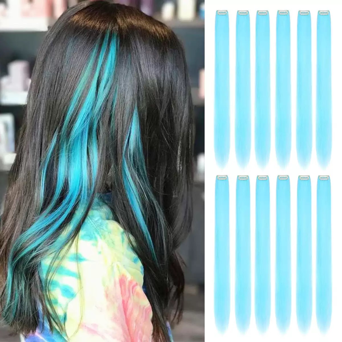 12  Colored Hair Extensions 20Inch Straight Color Clip in on Hair Extension Rainbow Party Highlights Synthetic Hairpiece for Girls (37colors) color 1 long [分类版本1]