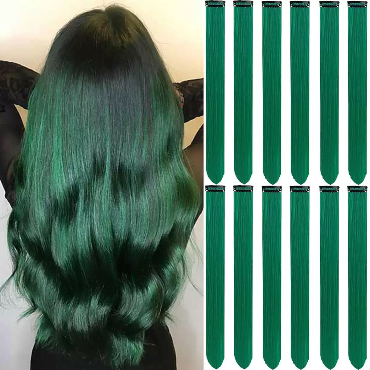 12  Colored Hair Extensions 20Inch Straight Color Clip in on Hair Extension Rainbow Party Highlights Synthetic Hairpiece for Girls (37colors) color 1 long [分类版本1]