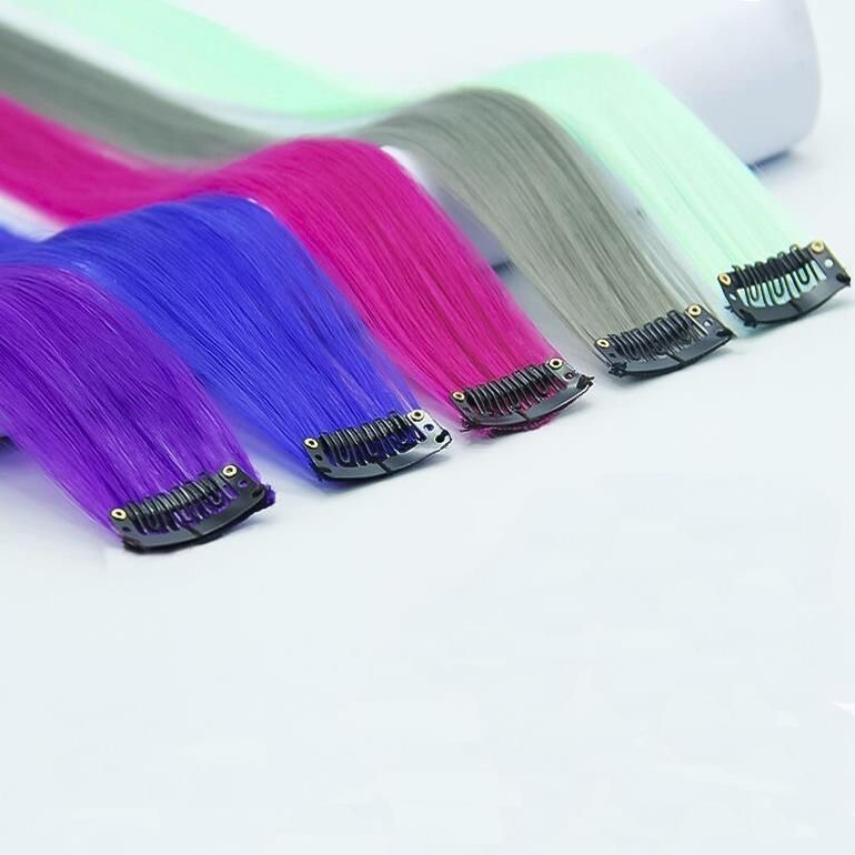 12  Colored Hair Extensions 20Inch Straight Color Clip in on Hair Extension Rainbow Party Highlights Synthetic Hairpiece for Girls (37colors) color 1 long [分类版本1]