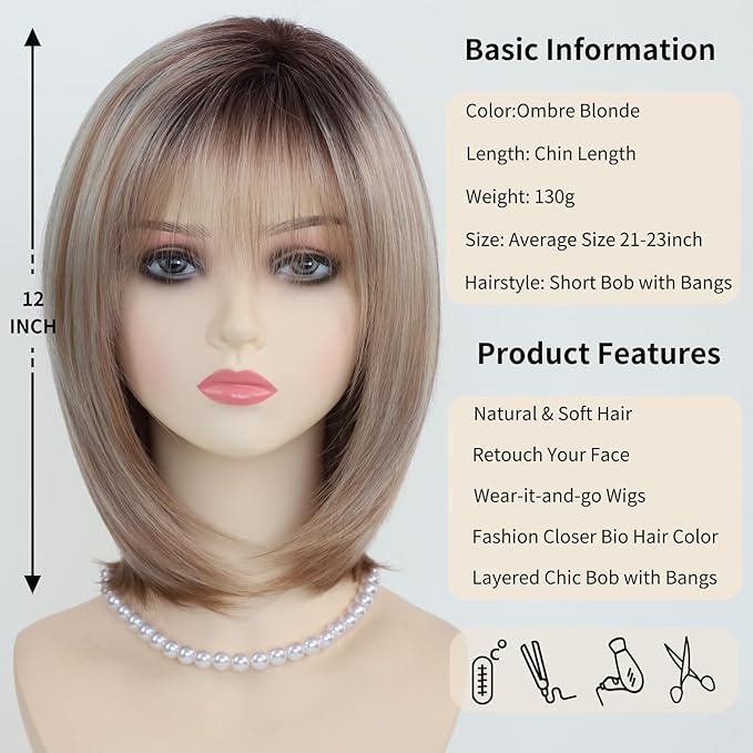 Afro Curly Wig with Bangs 12 Inches Synthetic Afro Wigs for Women about 280g/Piece Heat Resistant Black Short Kinky Curly Wigs for Daily Party blonde as picture [分类版本1]