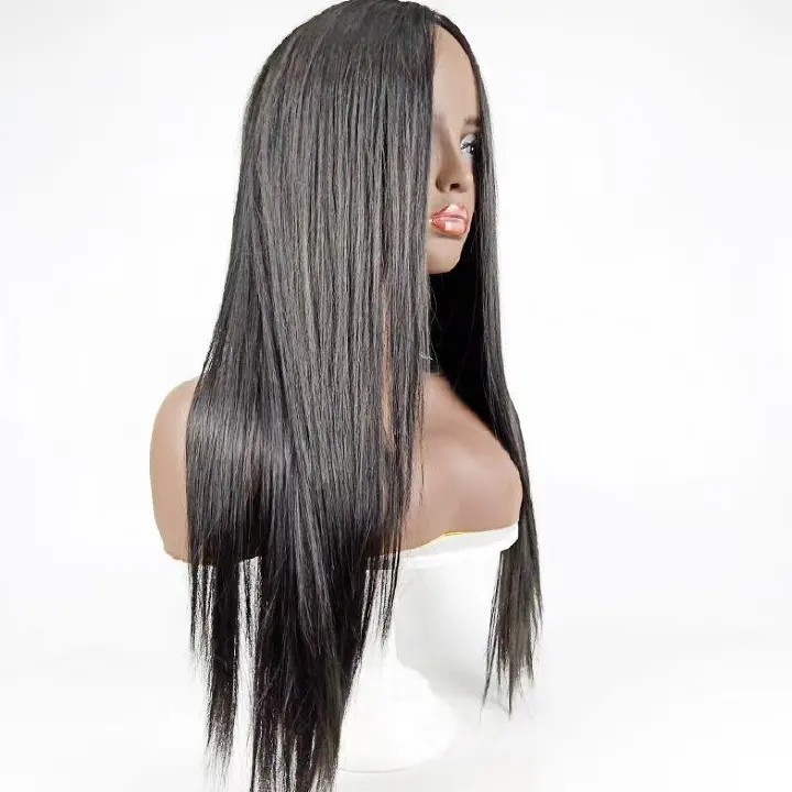 Ladie Long Straight Hair Synthetic Middle Part Black Wigs For Women Gift black as picture