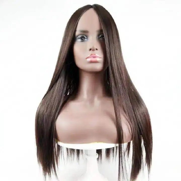 Ladie Long Straight Hair Synthetic Middle Part Black Wigs For Women Gift black as picture