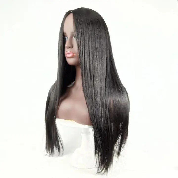 Ladie Long Straight Hair Synthetic Middle Part Black Wigs For Women Gift black as picture