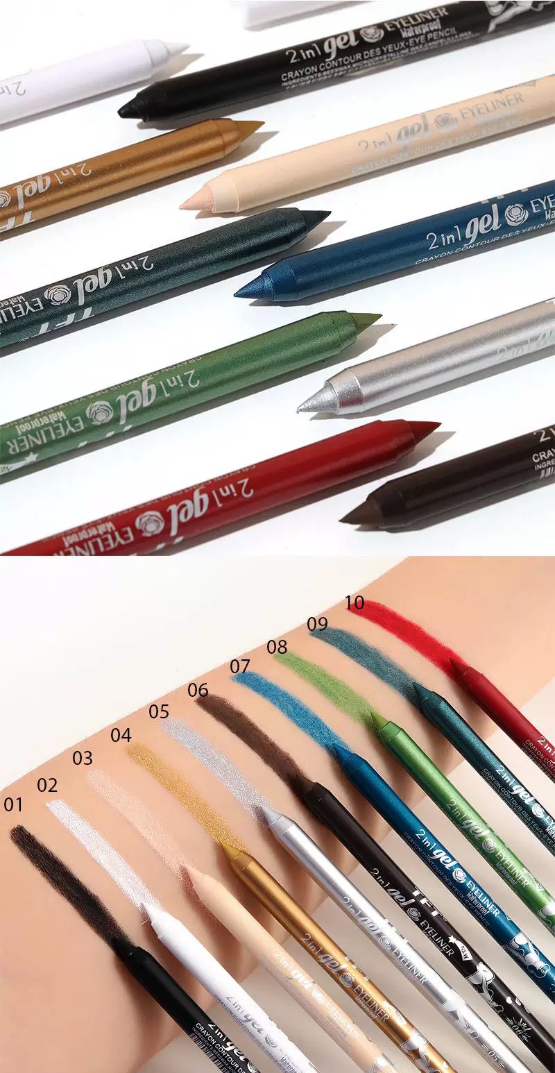 2 in 1 Eyeliner Lip Liner Gel Pencil Waterproof Long-lasting 10 colors 01#black one size