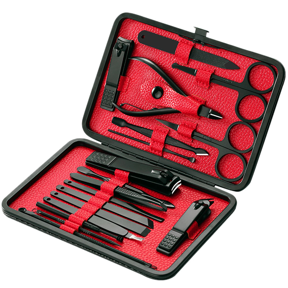 18Pcs Manicure Set Professional Nail Clipper Kit Utility Pedicure Scissors Tweezer Knife Ear Pick Nails Art Tools Sets With Case Black red 18pcs