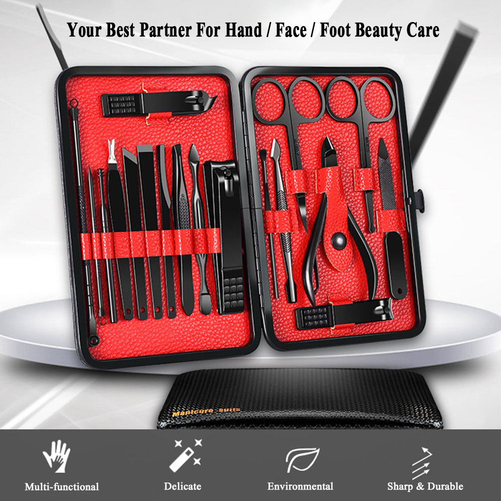 18Pcs Manicure Set Professional Nail Clipper Kit Utility Pedicure Scissors Tweezer Knife Ear Pick Nails Art Tools Sets With Case Black red 18pcs