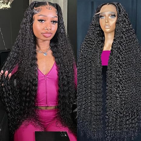 30 Inch (Approx. 76.2cm) Deep Wave Front Lace Wig Real Hair 13x6 HD Clear Real Hair Lace Front Wig 200% Density Deep Curly Real Hair Wig Pre Shot Deep Wave Front Wig With Baby Hair color 1 long