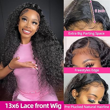 30 Inch (Approx. 76.2cm) Deep Wave Front Lace Wig Real Hair 13x6 HD Clear Real Hair Lace Front Wig 200% Density Deep Curly Real Hair Wig Pre Shot Deep Wave Front Wig With Baby Hair color 1 long