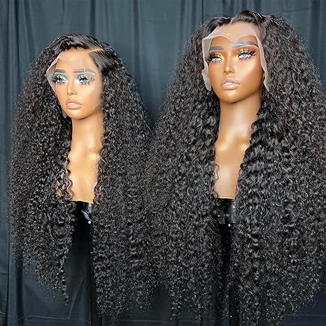 30 Inch (Approx. 76.2cm) Deep Wave Front Lace Wig Real Hair 13x6 HD Clear Real Hair Lace Front Wig 200% Density Deep Curly Real Hair Wig Pre Shot Deep Wave Front Wig With Baby Hair color 1 long