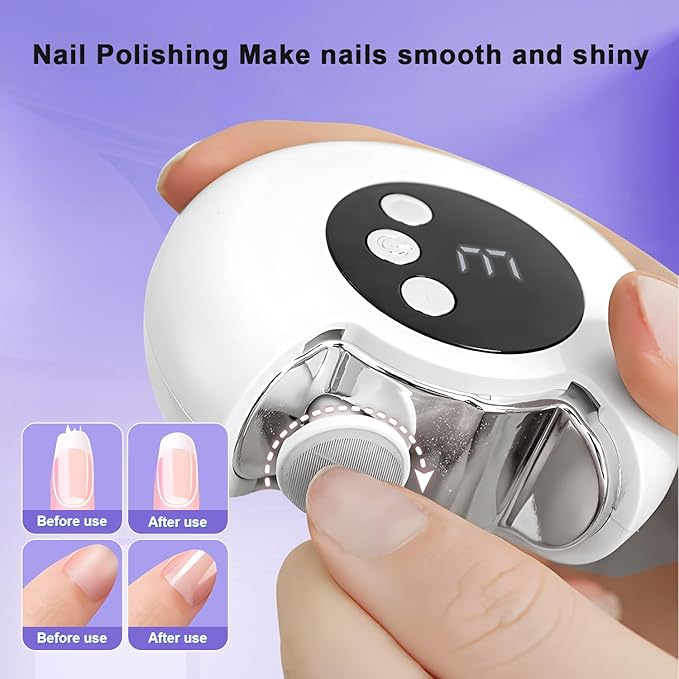 Electric Automatic Nail Clipper with LED Light & 3 Speeds, Fingernail Cutter and Polisher 2 in1 Nail Scraps Storage Rechargeable Safety Fingernail Trimmer for Baby Seniors and Adult Gift Cream color