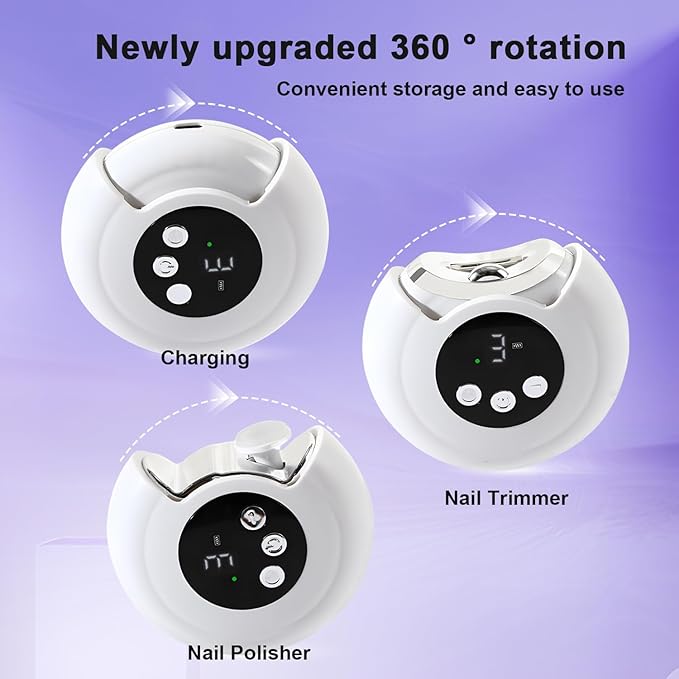 Electric Automatic Nail Clipper with LED Light & 3 Speeds, Fingernail Cutter and Polisher 2 in1 Nail Scraps Storage Rechargeable Safety Fingernail Trimmer for Baby Seniors and Adult Gift Cream color