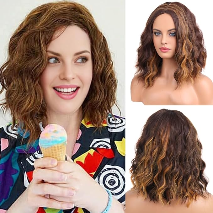 Brown Wig Short Curly Mix Brown Wigs for Women Daily Cosplay Party Hairnet Include Brown Mixed as picture