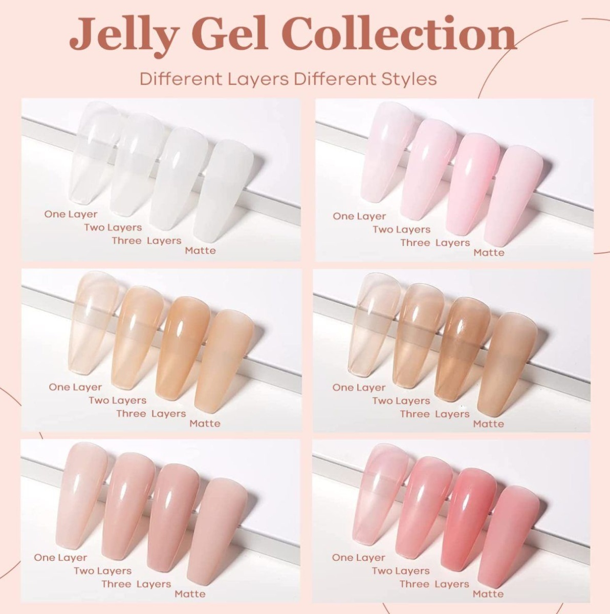 Jelly Nude Pink Gel Nail Polish Set, 6 Transparent Sheer Colors Soak Off UV Light Cure Gel Polish Kit for Salon and Nail Art DIY at Home Pink Tea 6 colors polish kit