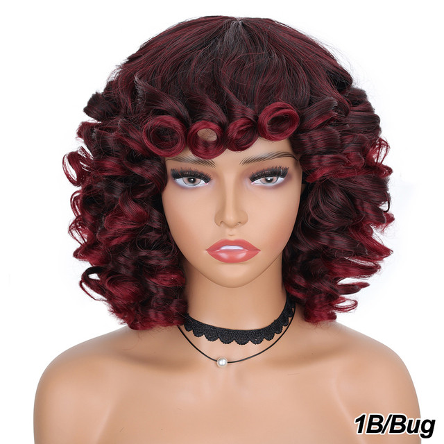 Short Hair Afro Kinky Curly Wigs With Bangs For Black Women Fluffy Synthetic African Ombre Glueless Cosplay Natural Brown Wigs S 1B# 14inches