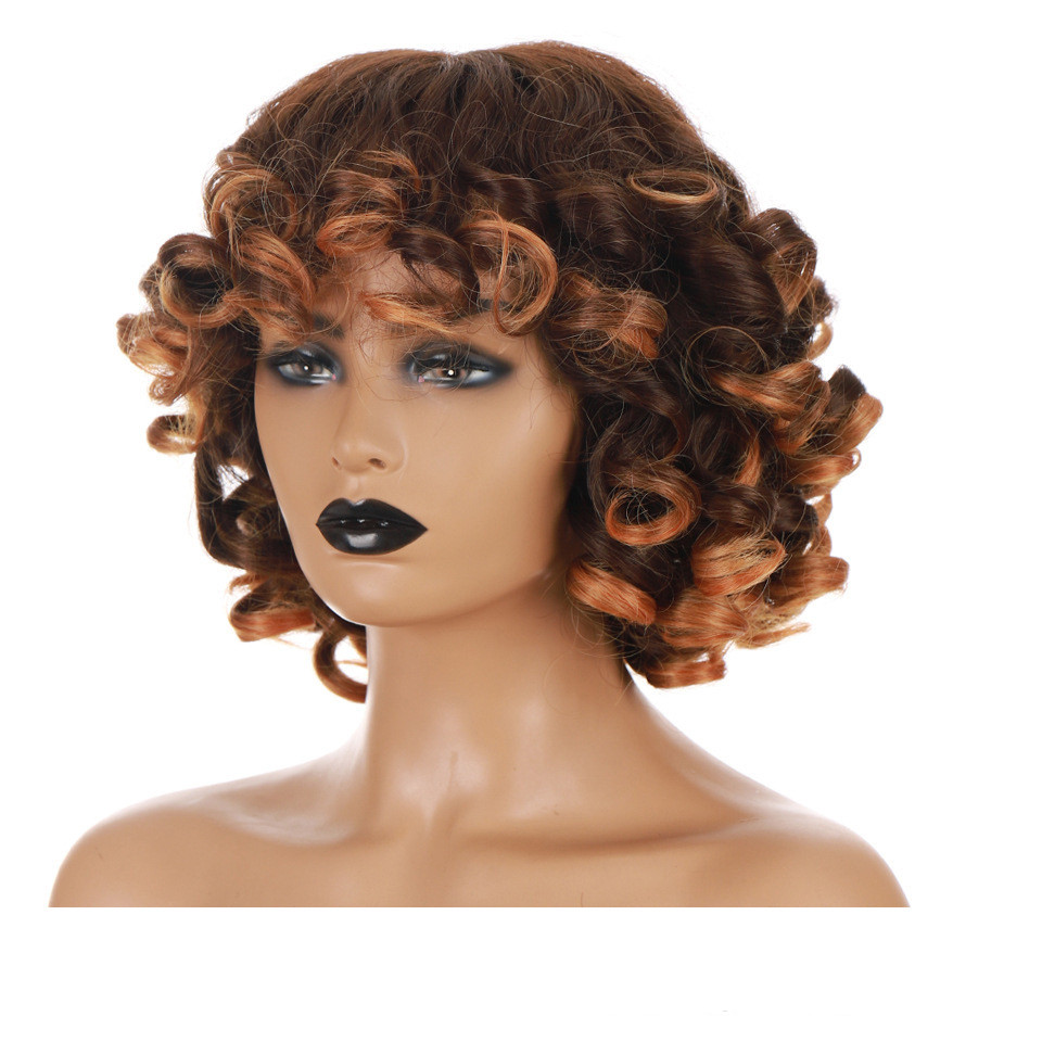 Short Hair Afro Kinky Curly Wigs With Bangs For Black Women Fluffy Synthetic African Ombre Glueless Cosplay Natural Brown Wigs S 1B# 14inches