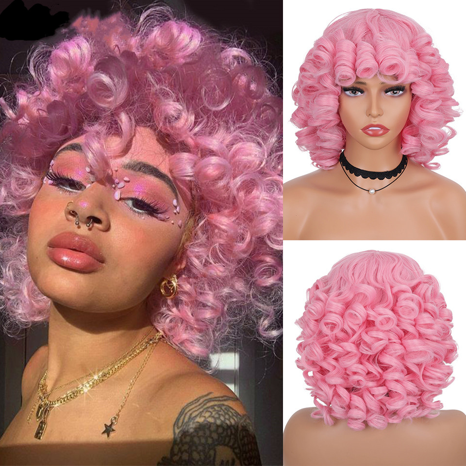 Short Hair Afro Kinky Curly Wigs With Bangs For Black Women Fluffy Synthetic African Ombre Glueless Cosplay Natural Brown Wigs S 1B# 14inches