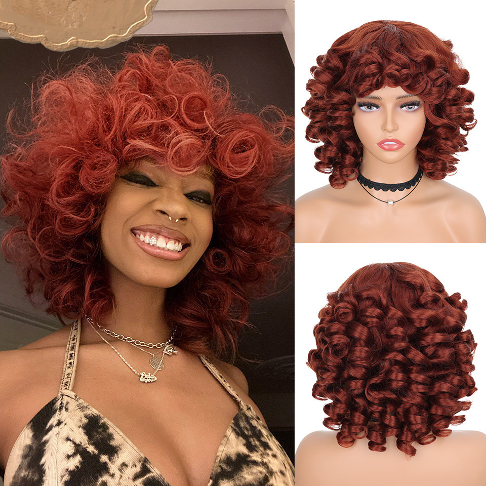 Short Hair Afro Kinky Curly Wigs With Bangs For Black Women Fluffy Synthetic African Ombre Glueless Cosplay Natural Brown Wigs S 1B# 14inches