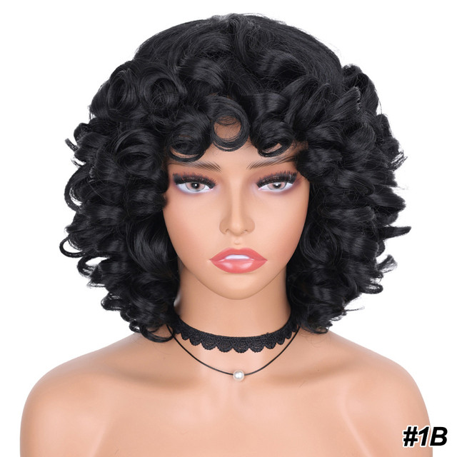 Short Hair Afro Kinky Curly Wigs With Bangs For Black Women Fluffy Synthetic African Ombre Glueless Cosplay Natural Brown Wigs S 1B# 14inches