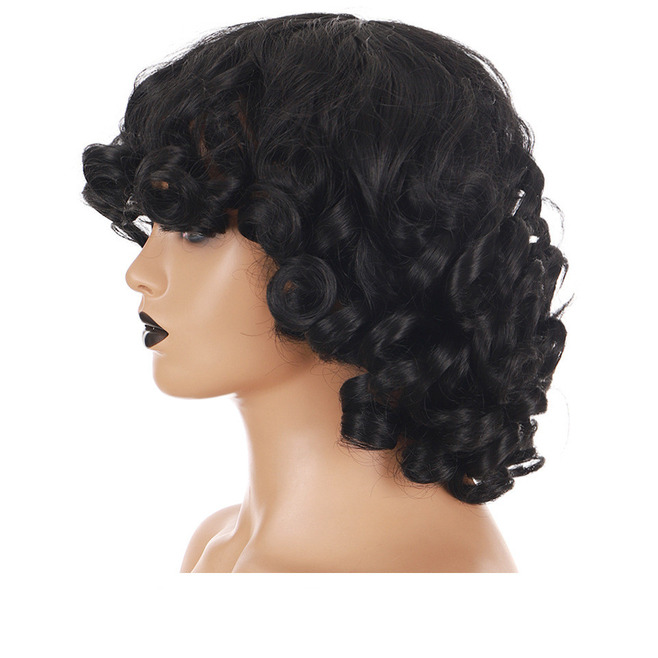 Short Hair Afro Kinky Curly Wigs With Bangs For Black Women Fluffy Synthetic African Ombre Glueless Cosplay Natural Brown Wigs S 1B# 14inches
