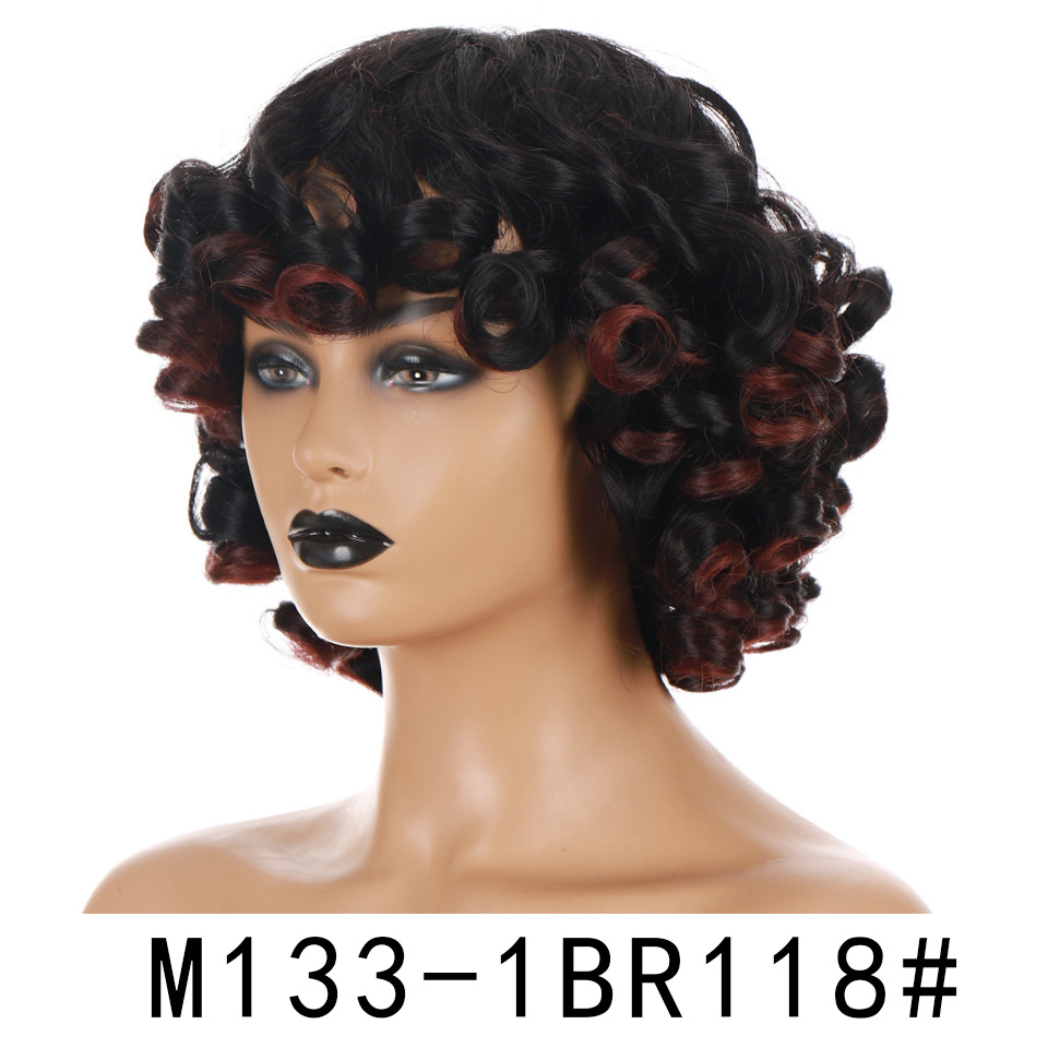Short Hair Afro Kinky Curly Wigs With Bangs For Black Women Fluffy Synthetic African Ombre Glueless Cosplay Natural Brown Wigs S 1B# 14inches