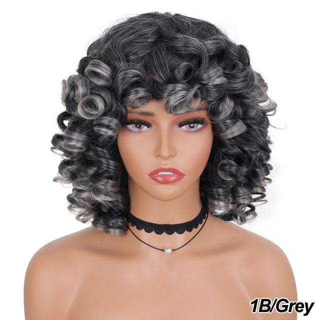 Short Hair Afro Kinky Curly Wigs With Bangs For Black Women Fluffy Synthetic African Ombre Glueless Cosplay Natural Brown Wigs S 1B# 14inches