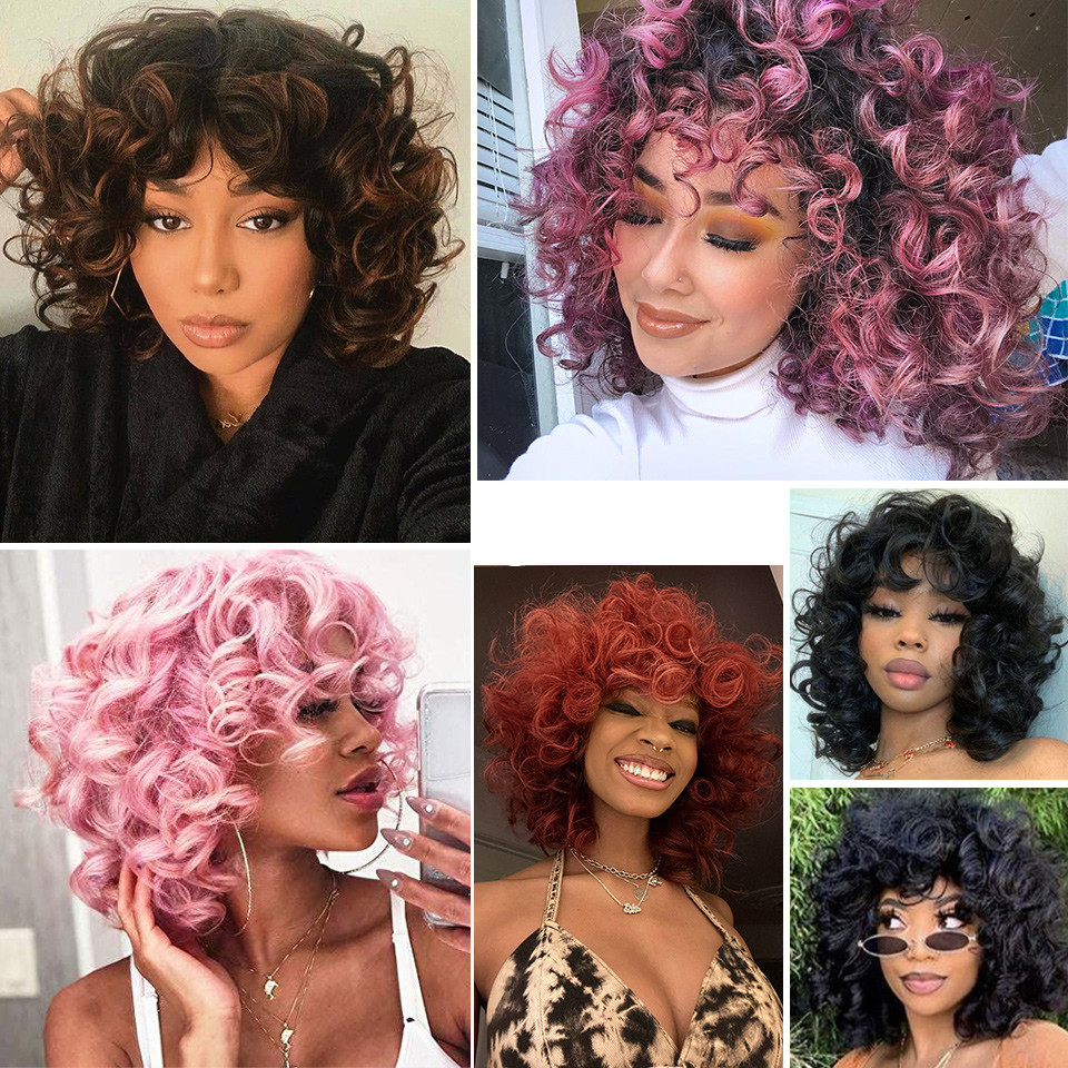 Short Hair Afro Kinky Curly Wigs With Bangs For Black Women Fluffy Synthetic African Ombre Glueless Cosplay Natural Brown Wigs S 1B# 14inches