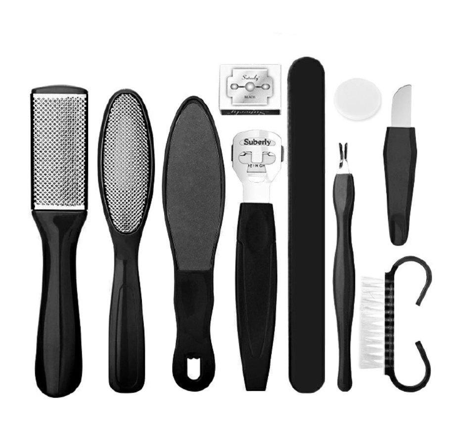10Pcs Professional Pedicure Tools Set Foot Care Kit Stainless Steel Foot Rasp Foot Dead Skin Remover Callus Clean Feet Care Black 10pcs