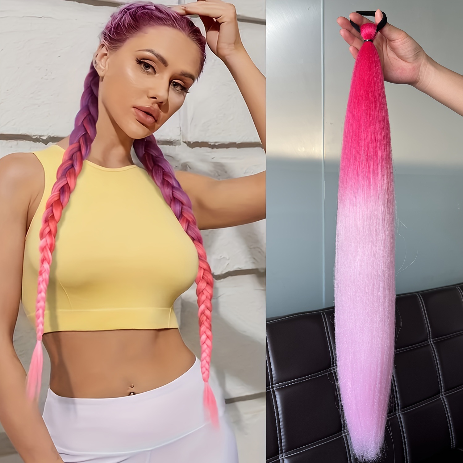 2pcs/Set 24-Inch Elastic Cord Boxing Ponytail Wig – Colorful Hair Extensions with Braided Design, Adjustable Rubber Band Ponytail Hairpiece for Cosplay, Halloween, or Daily Use A 24 inches [分类版本2]