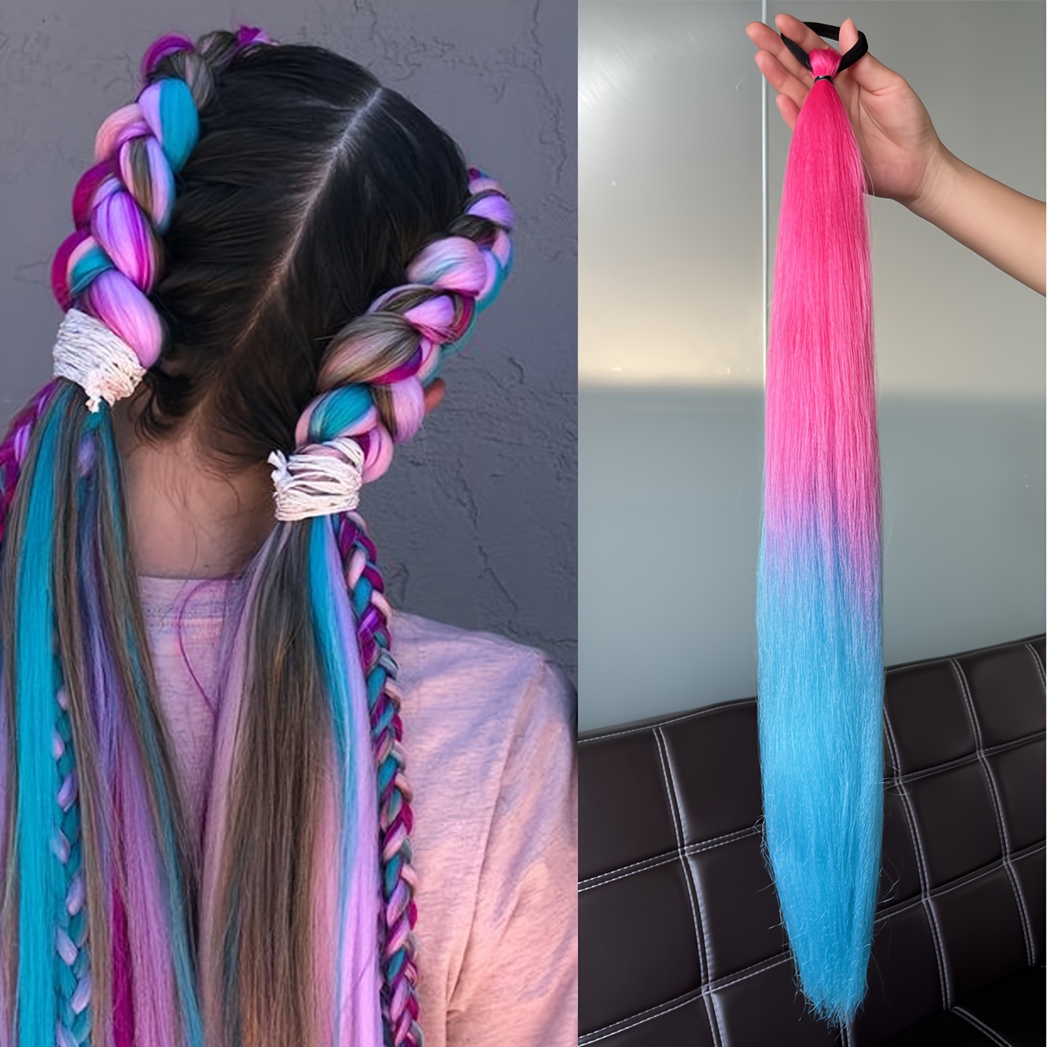 2pcs/Set 24-Inch Elastic Cord Boxing Ponytail Wig – Colorful Hair Extensions with Braided Design, Adjustable Rubber Band Ponytail Hairpiece for Cosplay, Halloween, or Daily Use A 24 inches [分类版本2]
