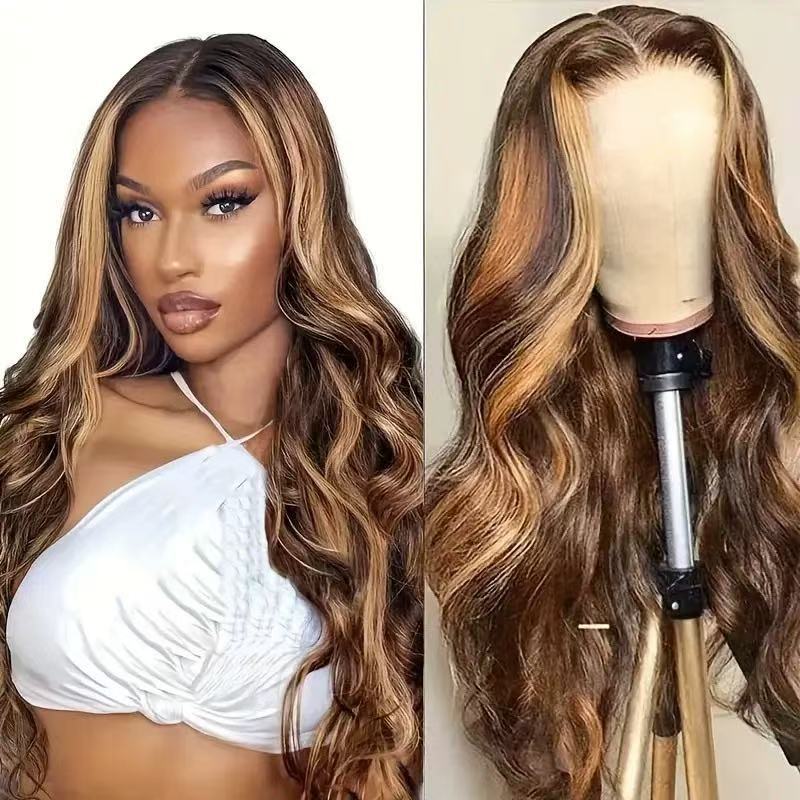 Highlight Ombre  Lace Front Wig Human Hair Body Wave Honey Blonde Glueless HD Transparent Lace Frontal Wigs for Women 180 Density Human Hair Pre Plucked with Baby Hair 32 inch