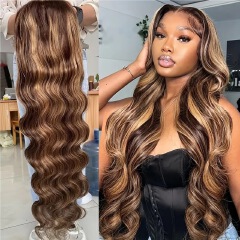 Highlight Ombre  Lace Front Wig Human Hair Body Wave Honey Blonde Glueless HD Transparent Lace Frontal Wigs for Women 180 Density Human Hair Pre Plucked with Baby Hair 32 inch