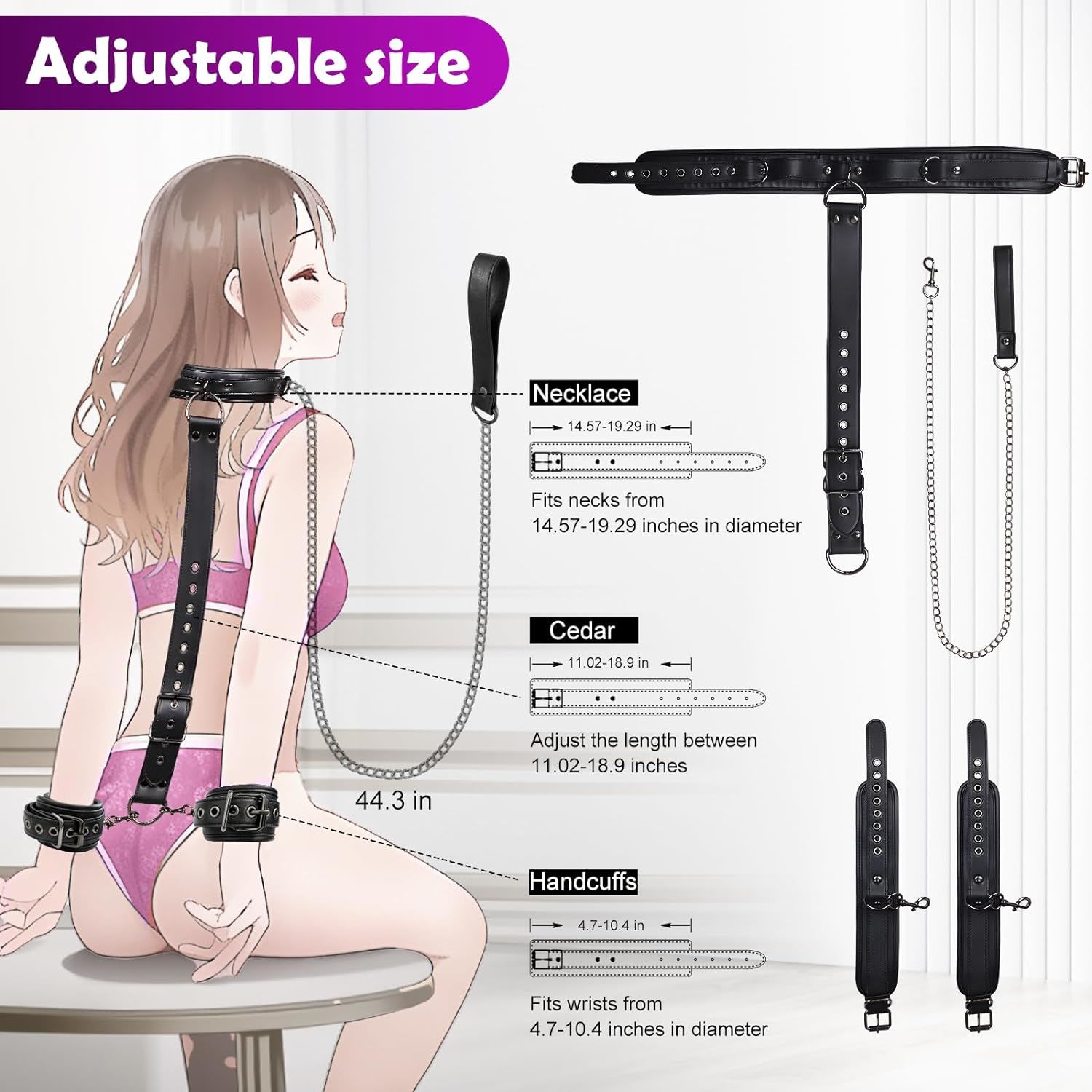 Bondage Sex Restraints Set Couples Sex Toys, Neck to Wrist Restraints Kit with Traction Chain Back Sex Handcuffs Collar Adjustable Bondage Gear Accessories SM Sexy Slave Beginner Role Play Toy Black