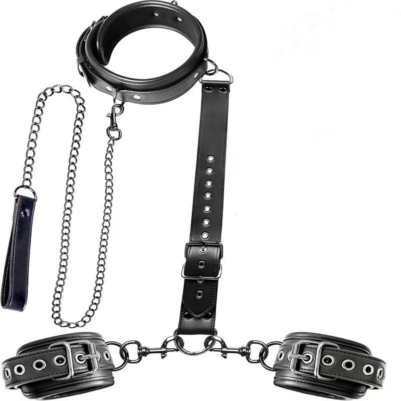 Bondage Sex Restraints Set Couples Sex Toys, Neck to Wrist Restraints Kit with Traction Chain Back Sex Handcuffs Collar Adjustable Bondage Gear Accessories SM Sexy Slave Beginner Role Play Toy Black