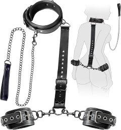 Bondage Sex Restraints Set Couples Sex Toys, Neck to Wrist Restraints Kit with Traction Chain Back Sex Handcuffs Collar Adjustable Bondage Gear Accessories SM Sexy Slave Beginner Role Play Toy Black