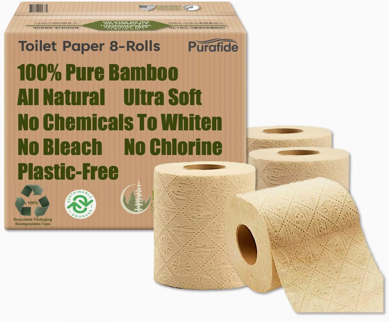 100% Bamboo, thick 3-ply toilet paper, tree-free, unbleached, sustainable, 300 sheets per roll Bamboo unbleached 12 volumes