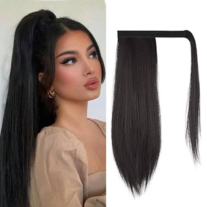 Premium 24inch Yaki Ponytail Hair Extensions Long Wigs Hair Corn Silk Yaki Wigs for Black Women Synthetic Hair Soft Corn Curly Wig Fluffy Girls First Hair Ponytail Extension Black Girl Black 24 inch