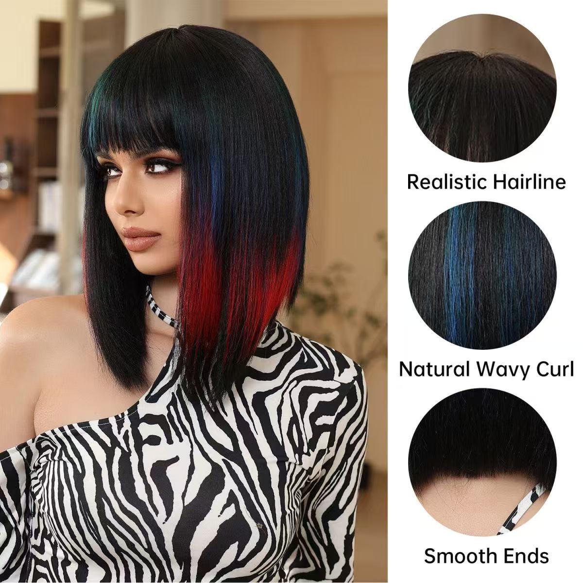 Omber Parrot Black Red Blue Straight Synthetic Wigs dark red and blue 50cm