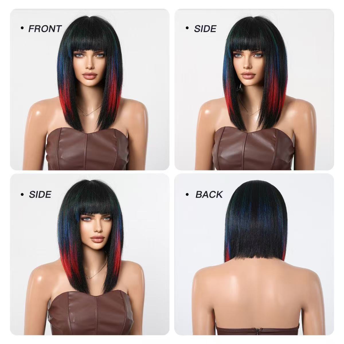 Omber Parrot Black Red Blue Straight Synthetic Wigs dark red and blue 50cm