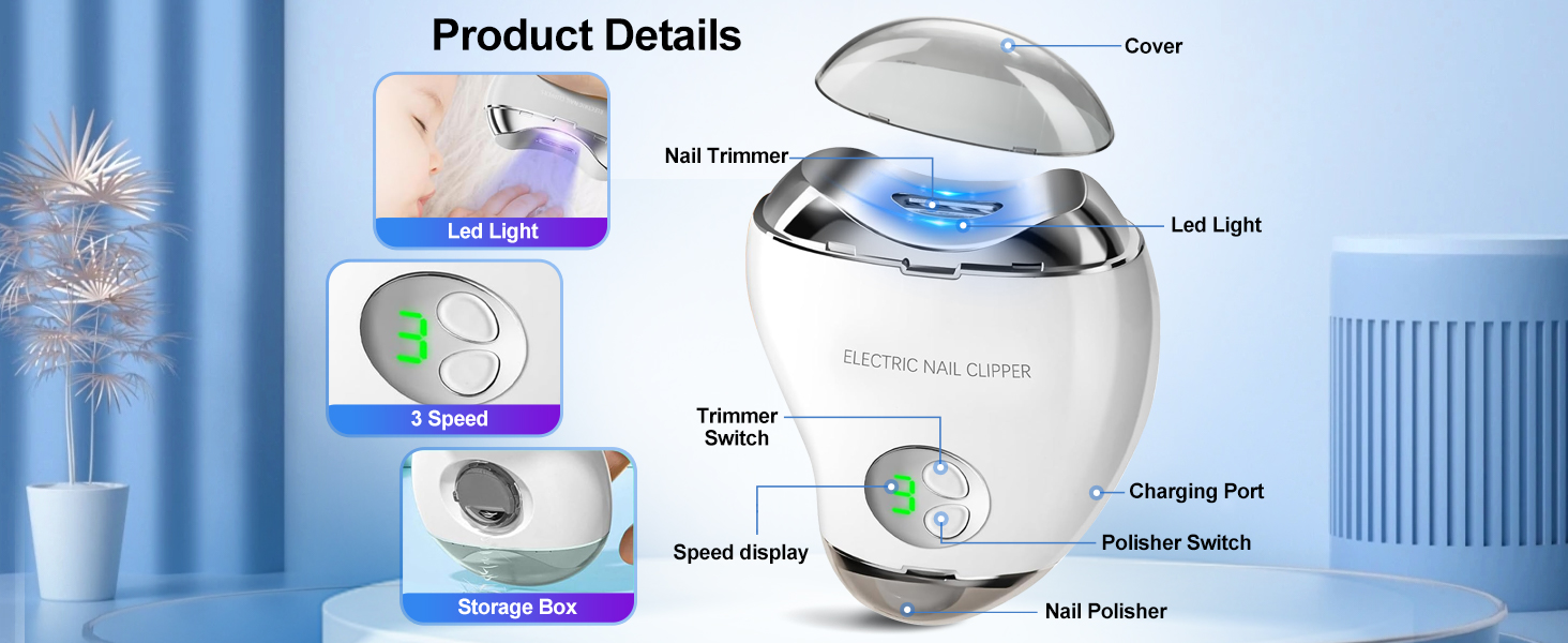 Electric Nail Clipper with LED Light & 3 Speeds, Fingernail Cutter and Polisher 2 in 1 Design, Nail Scraps Storage Safety Fingernail Trimmer for Baby Seniors and Adult (White) Orange Multi functional