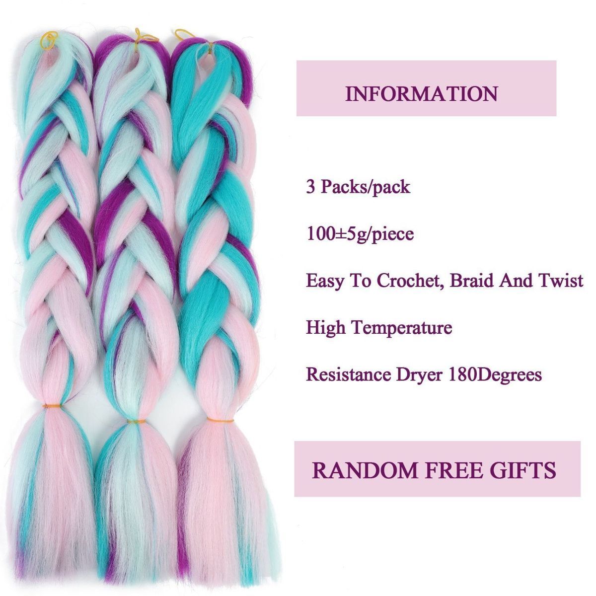 3 Packs Colored Hair Extensions Hair wig Hairpieces for Girl Women 3packs as pictures