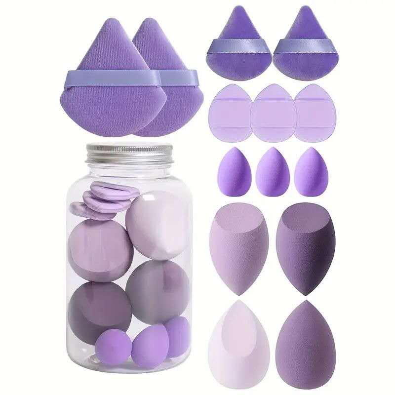 Makeup Sponge Set Triangle Puff 14 Pcs for Liquid, Cream, and Powder, Multi-colored Makeup Sponges and Mini Sponge purple as picture